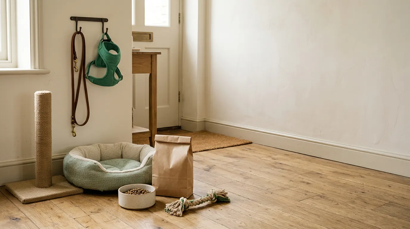 Bag of dry food, ceramic bowl, lead and harness, rope toy, scratching post and fabric pet bed in a bright hallway