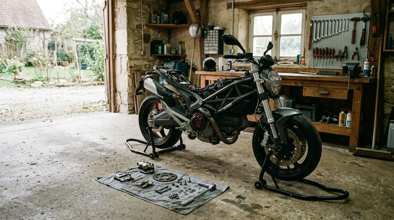 Roadster motorcycle on paddock stands being repaired in a home garage, with a brake caliper, sprocket, spark plugs and bolts laid out on a rag on the floor