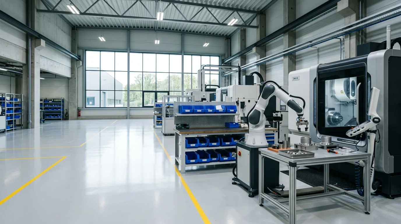 Modern production workshop: machining center, collaborative robot arm, workstation with stainless steel parts and blue storage bins, light floor and marked aisles
