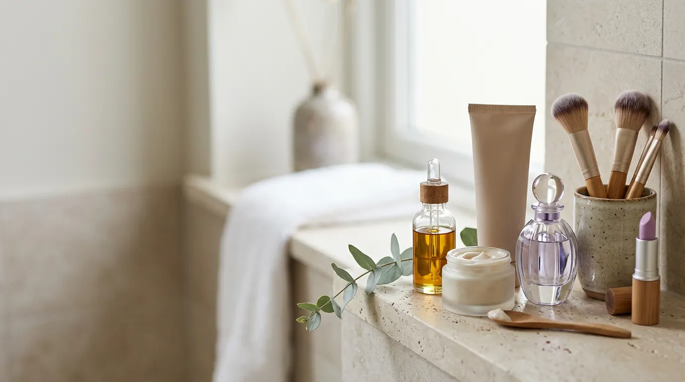 Flaconi di siero, vasetti di crema, tubetto di trattamento, flacone di profumo, rossetto e pennelli da trucco su una mensola da bagno in pietra chiara