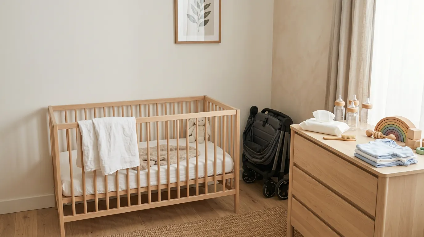 Folded pushchair, wooden cot, baby bottles, folded bodysuits, wooden baby toys and wipes in a bright nursery