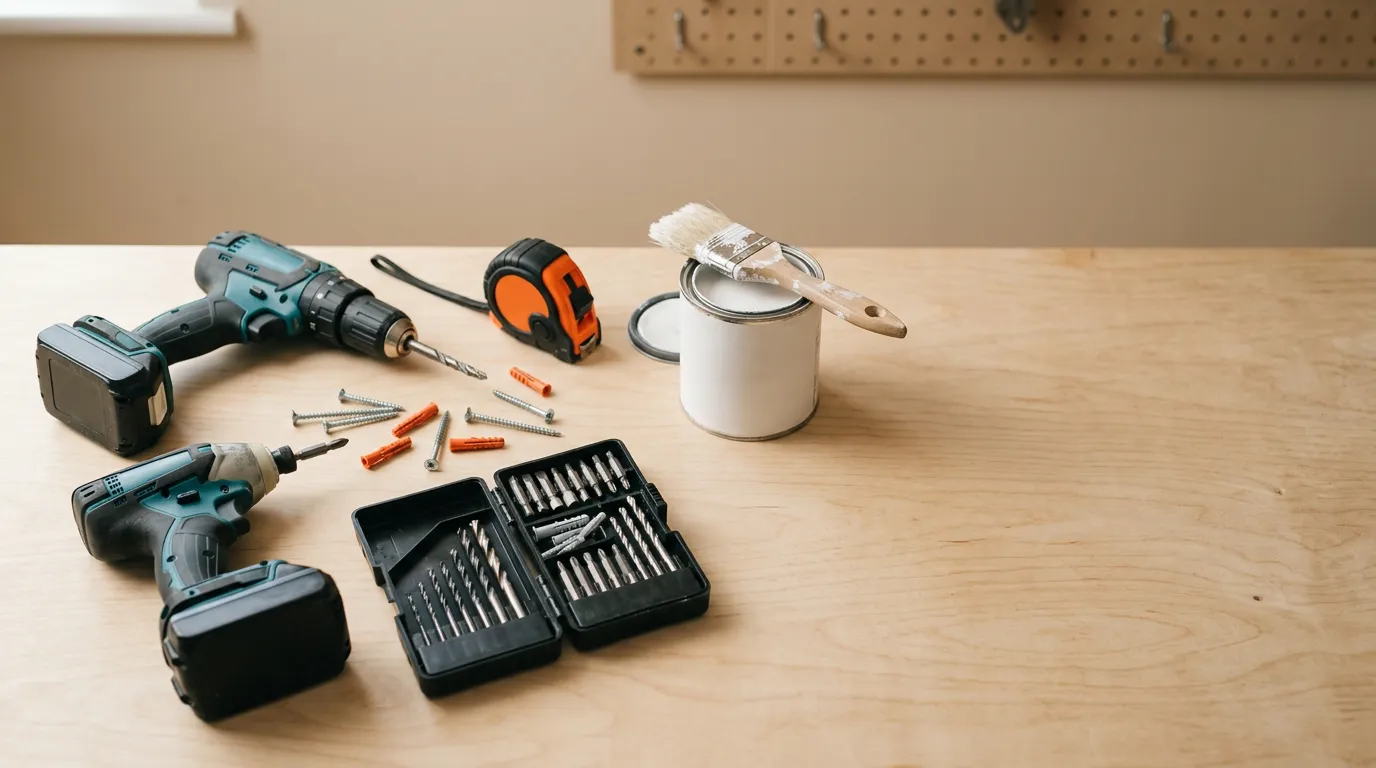 Cordless drill and driver, drill bit set, screws, wall plugs, tape measure and a tin of paint on a workbench