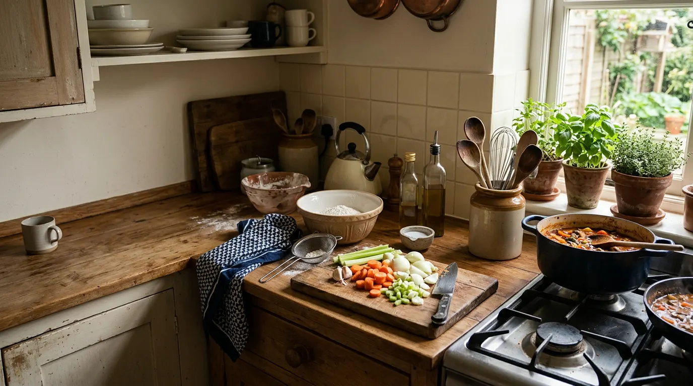Kitchen in full swing: chopped vegetables on a board, chef’s knife, casserole simmering on the hob, bowl of flour, wooden utensils and fresh herbs