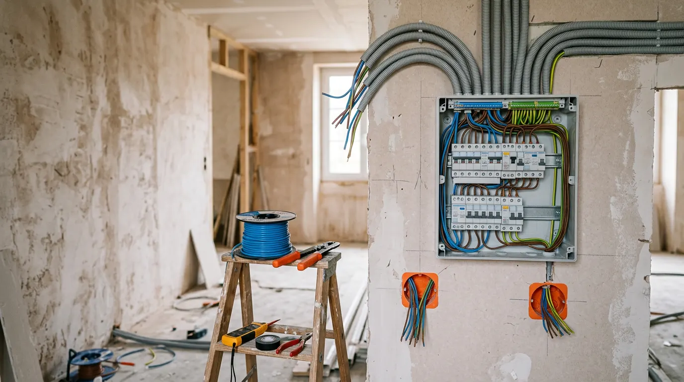 Electrical renovation of a house: open consumer unit with its circuit breakers, gray conduits and wires running into it, flush boxes, a coil of cable and tools on a stepladder