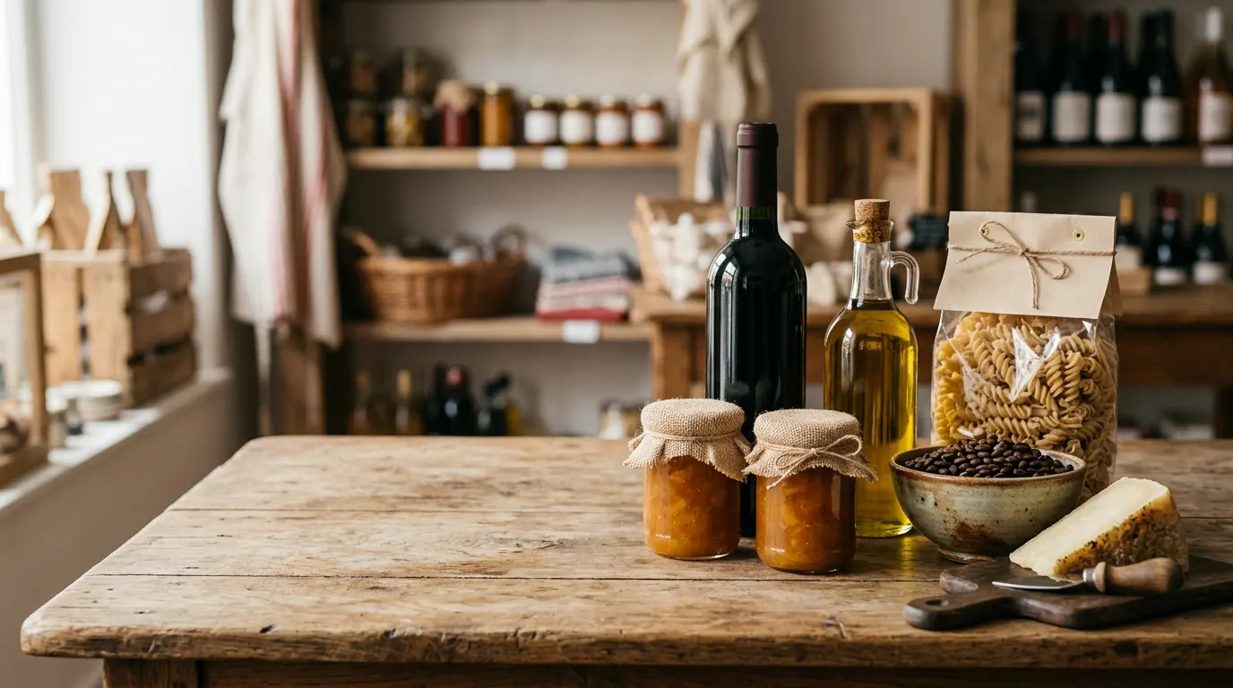 Bouteilles de vin et d’huile d’olive, bocaux de confiture, pâtes sèches, café en grains et fromage sur une table en bois d’épicerie fine