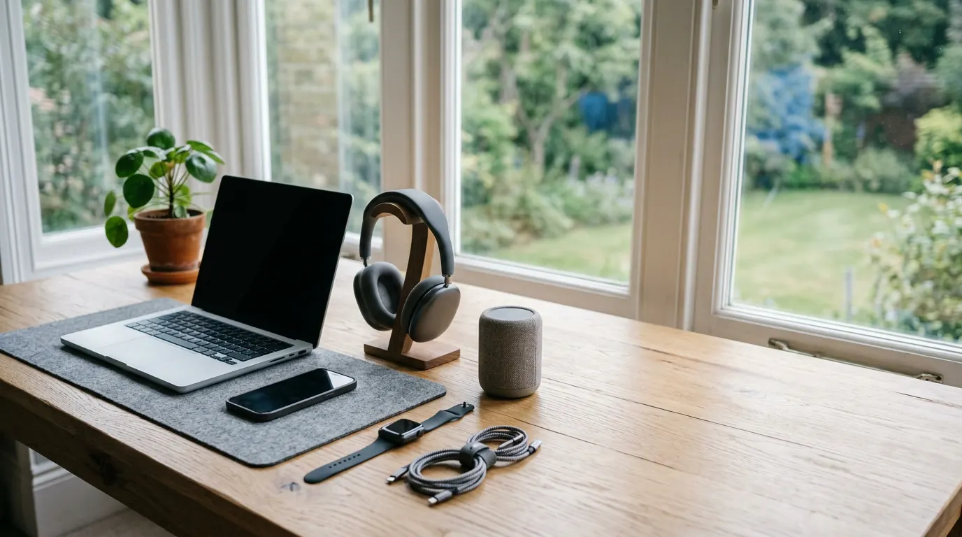 Headphones, smartphone, laptop, compact speaker, smartwatch and USB-C cables on a light wooden desk by a window