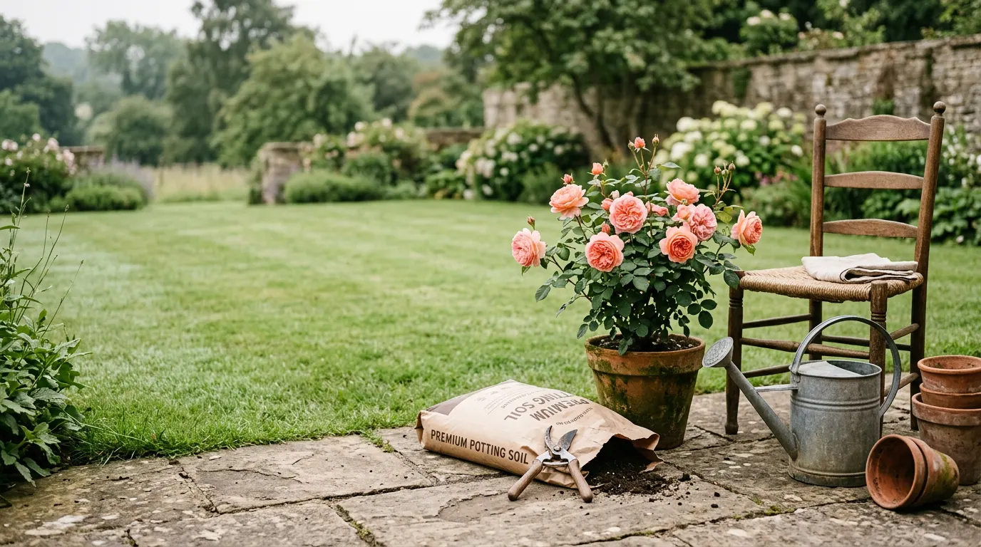 Potted rose, bag of compost, secateurs, metal watering can and wooden garden chair on a stone terrace at the edge of a lawn