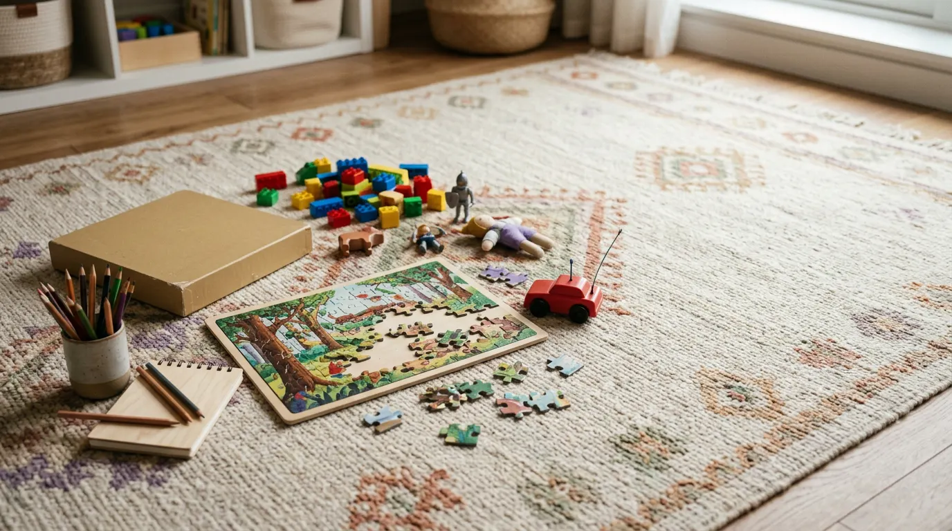 Board game box, puzzle in progress, building bricks, figurines, remote-controlled car and colouring pencils on a playroom rug