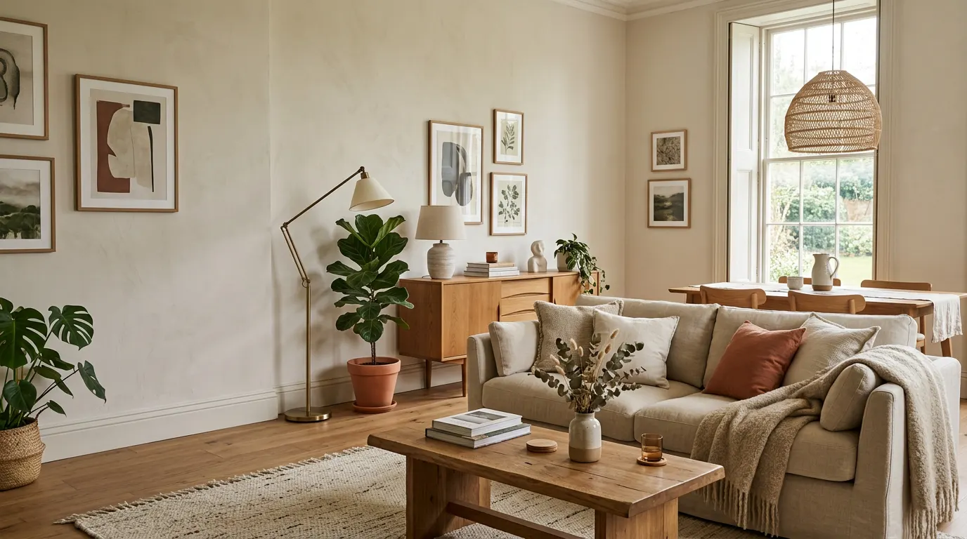 Salon habité : canapé en lin avec coussins et plaid, table basse en chêne, tapis tissé, lampadaire, buffet, cadres au mur et plantes, table à manger près de la fenêtre