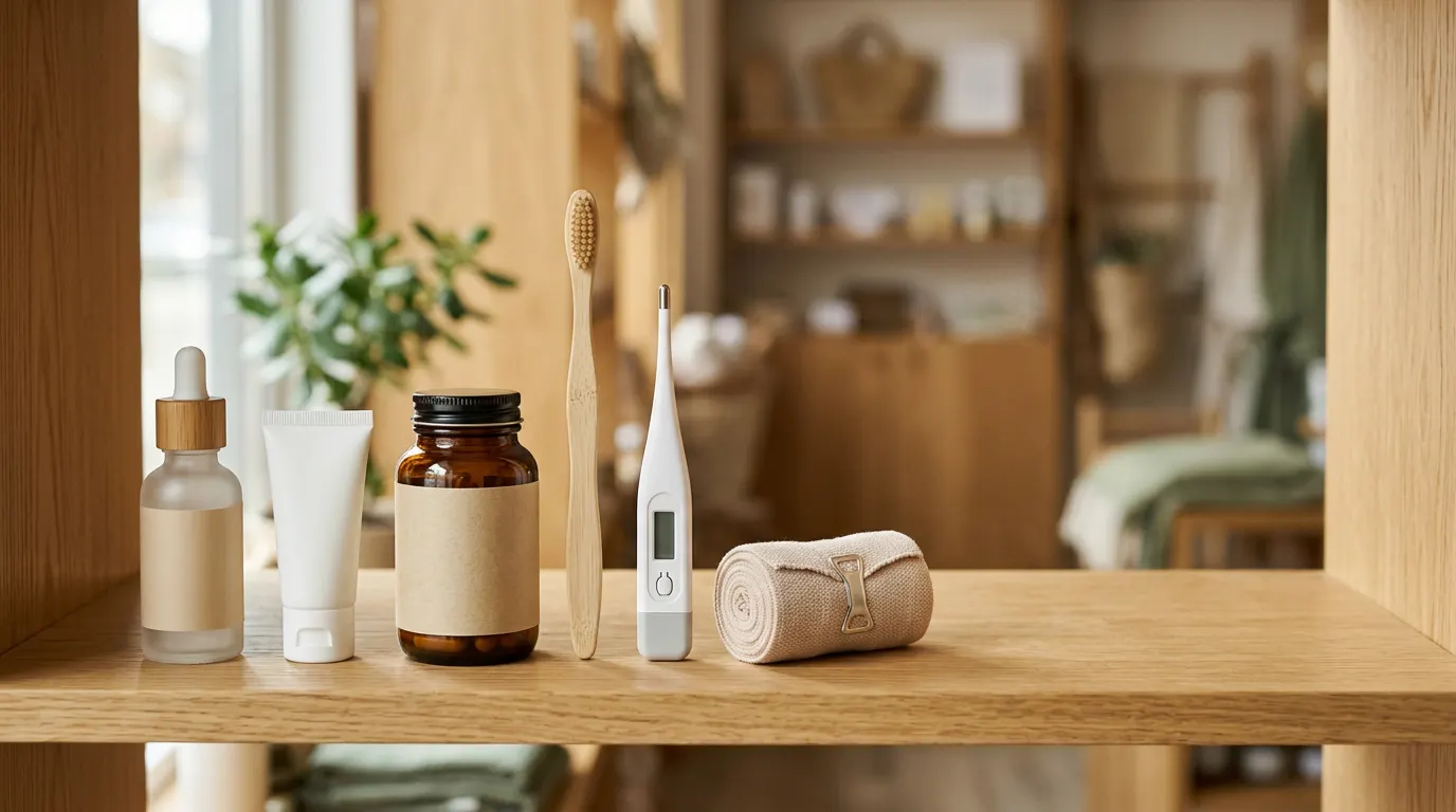 Hudvårdsflaskor, en kräm i tub, en dosett med kapslar, en tandborste, en termometer och ett stödbandage på en ljus hylla i en hälsobutik