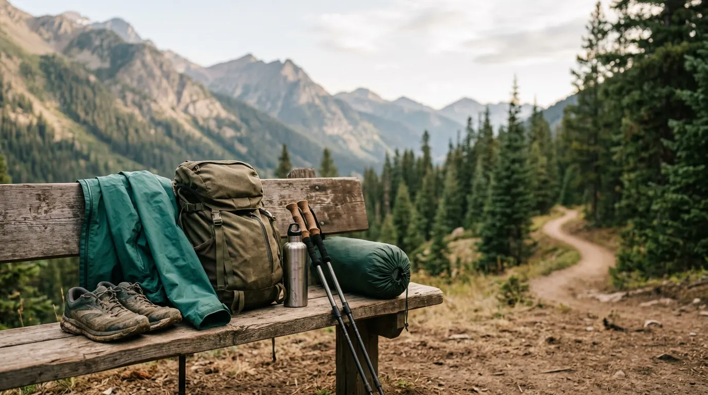 Chaussures de trail, sac à dos de randonnée, veste imperméable, gourde, bâtons et tente pliée sur un banc en bois, devant un sentier de montagne