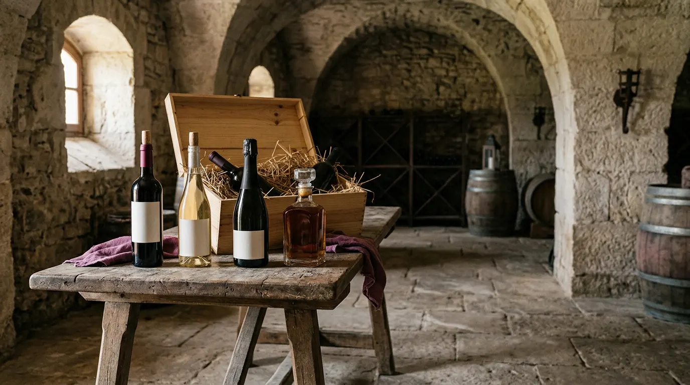 Bottles of red wine, white wine and champagne, a bottle of spirits and a wooden case on a table in a vaulted cellar